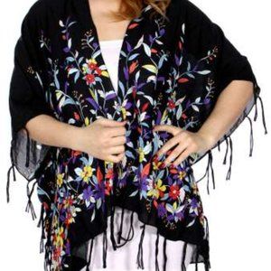 Open Floral and Fringe Black Kimono Wrap